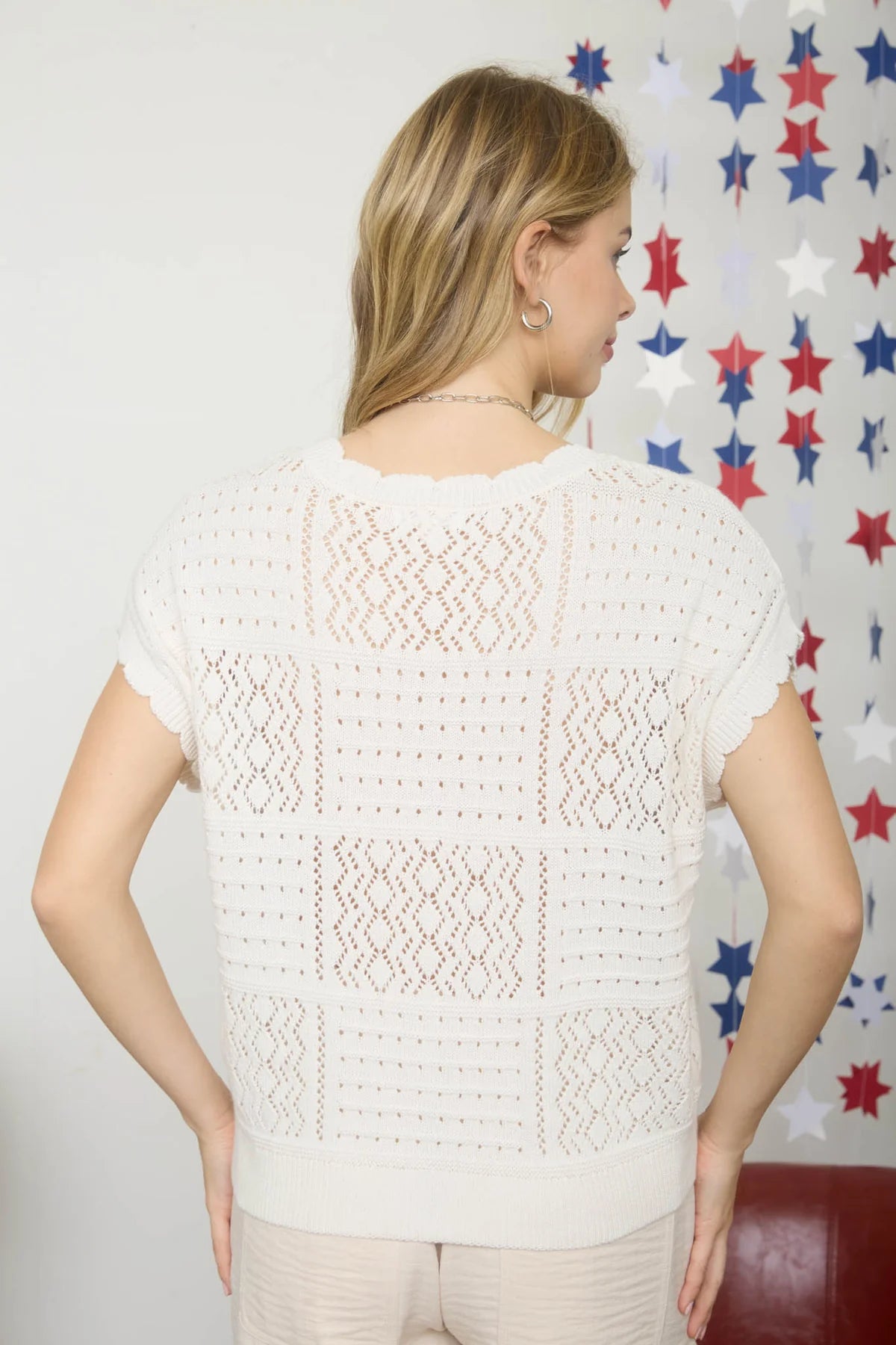 Cream Pointelle Button-Up Sweater Top