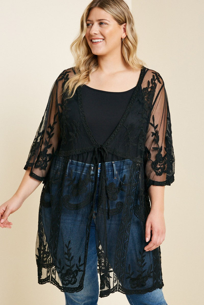 Black Sheer Tie Front Lace Kimono Plus