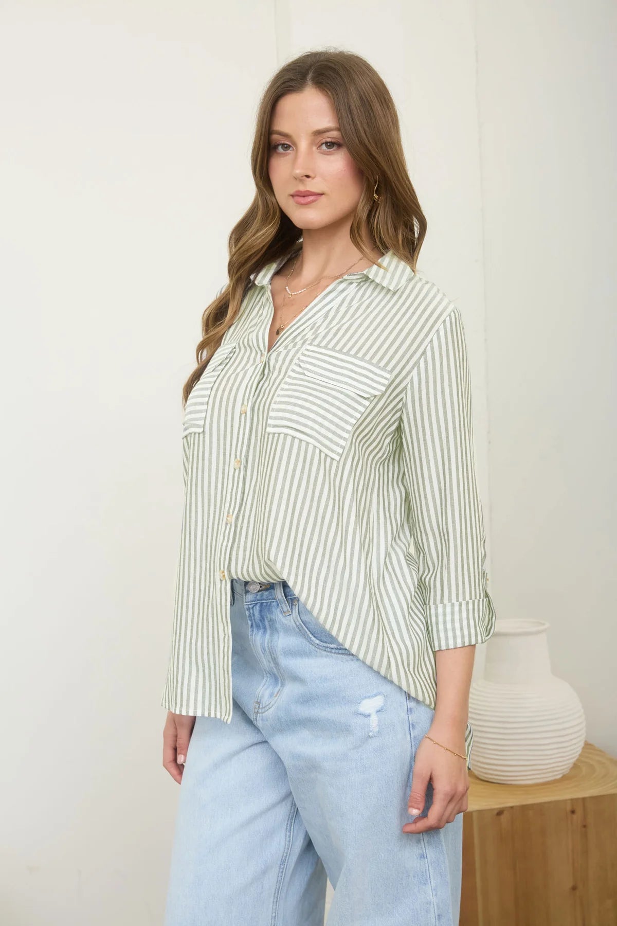 Plus + Reg Light Olive Collared Button-Down Blouse