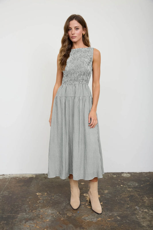 Hunter Green Gingham Smocked Midi Dress