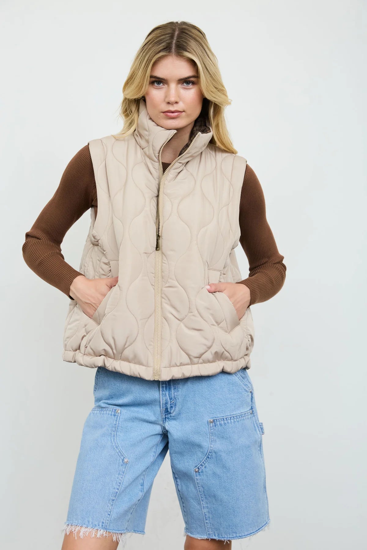 Khaki Quilted Zip-Up Puffer Vest
