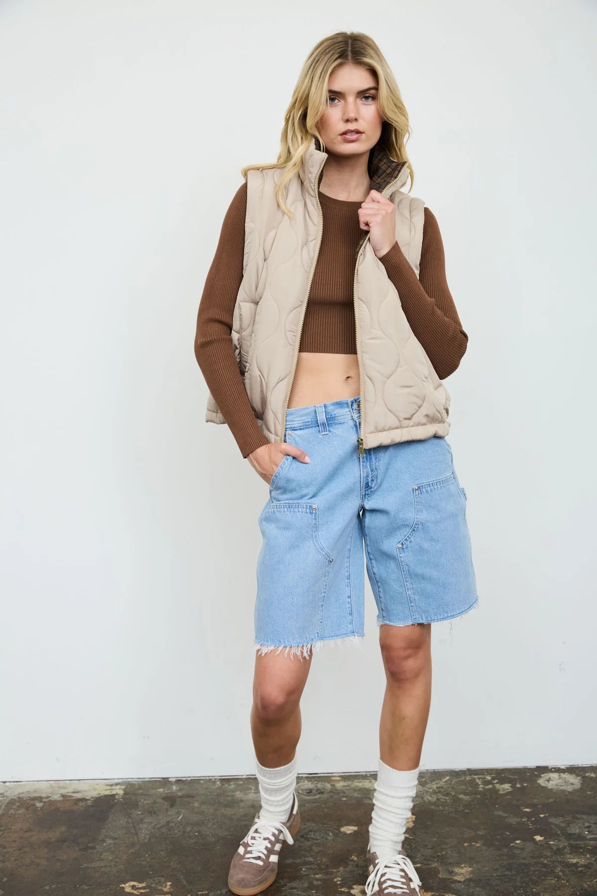 Khaki Quilted Zip-Up Puffer Vest
