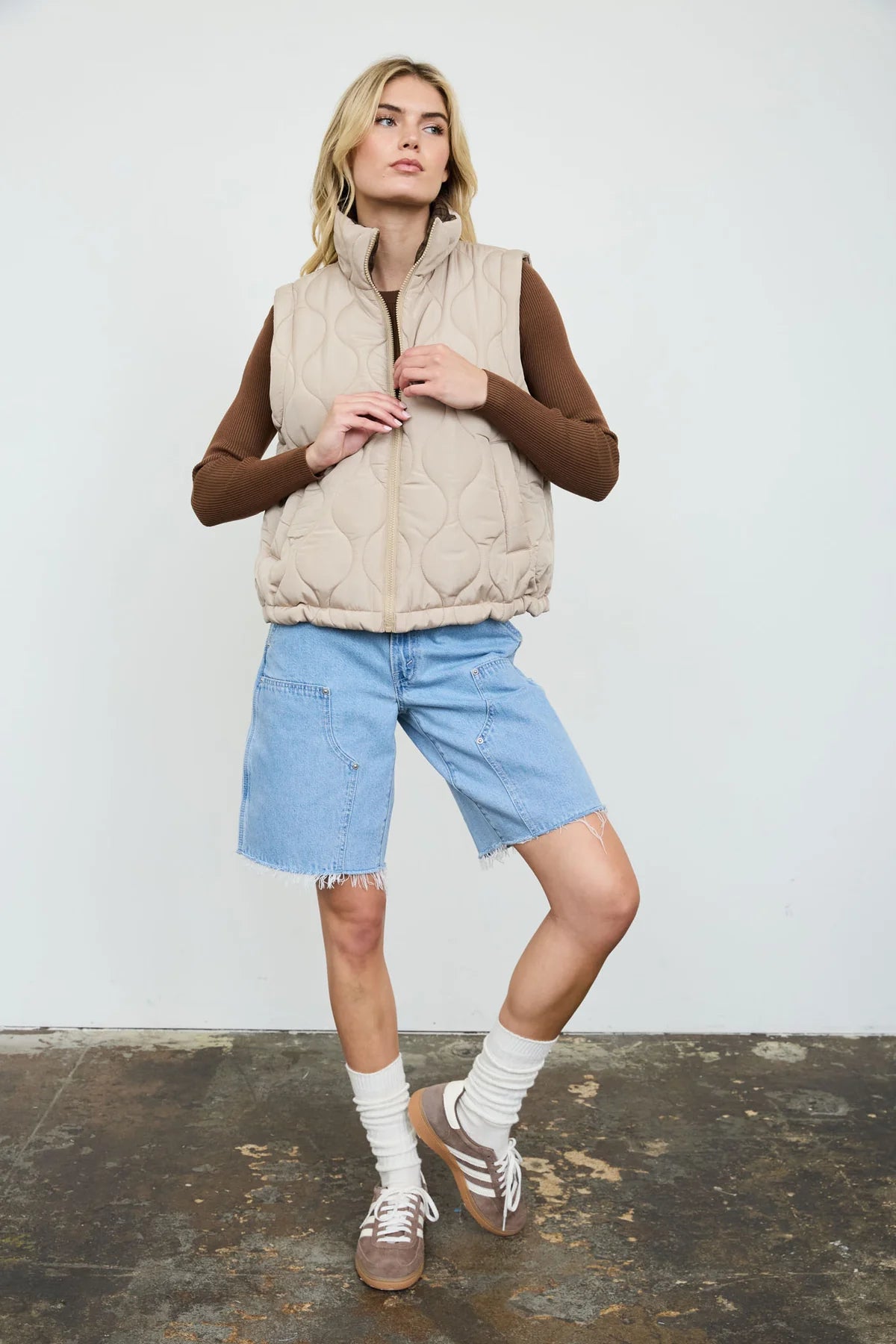 Khaki Quilted Zip-Up Puffer Vest