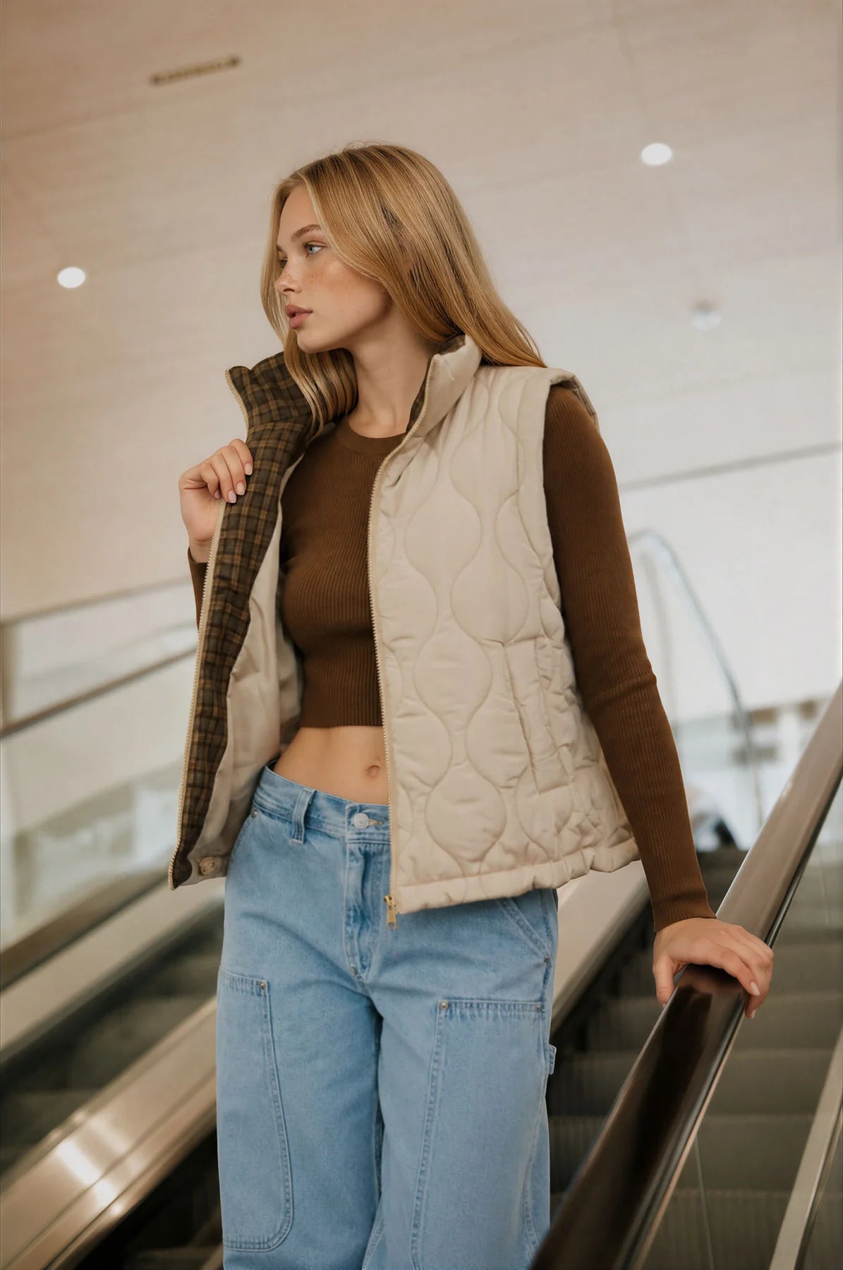 Khaki Quilted Zip-Up Puffer Vest