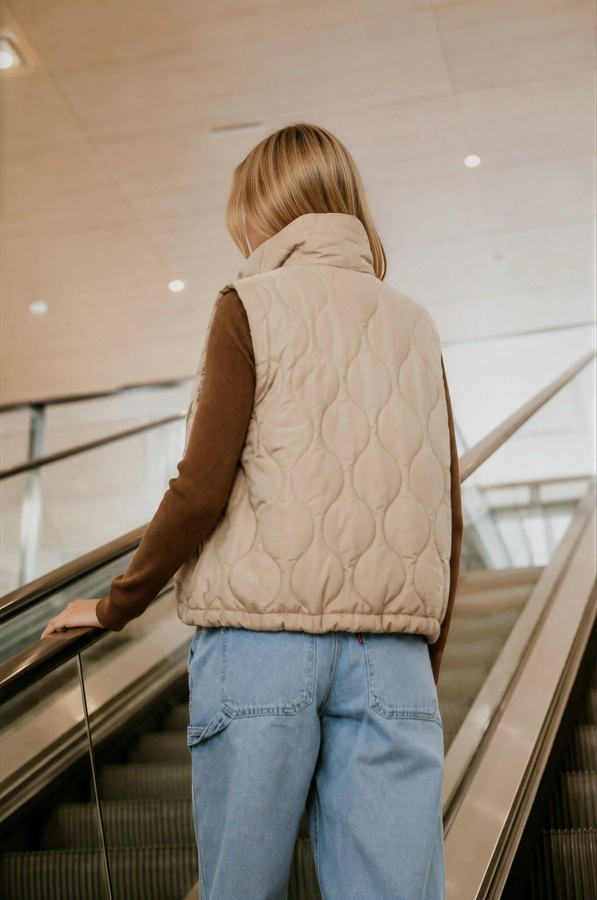 Khaki Quilted Zip-Up Puffer Vest