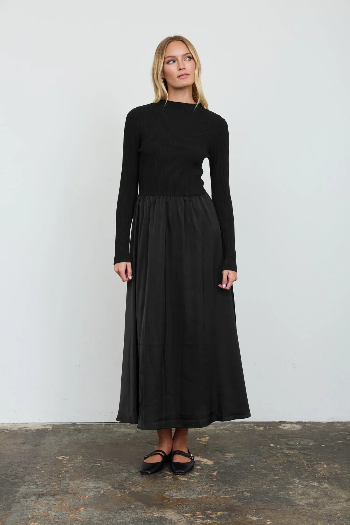 Black Ribbed Knit and Satin Maxi Dress