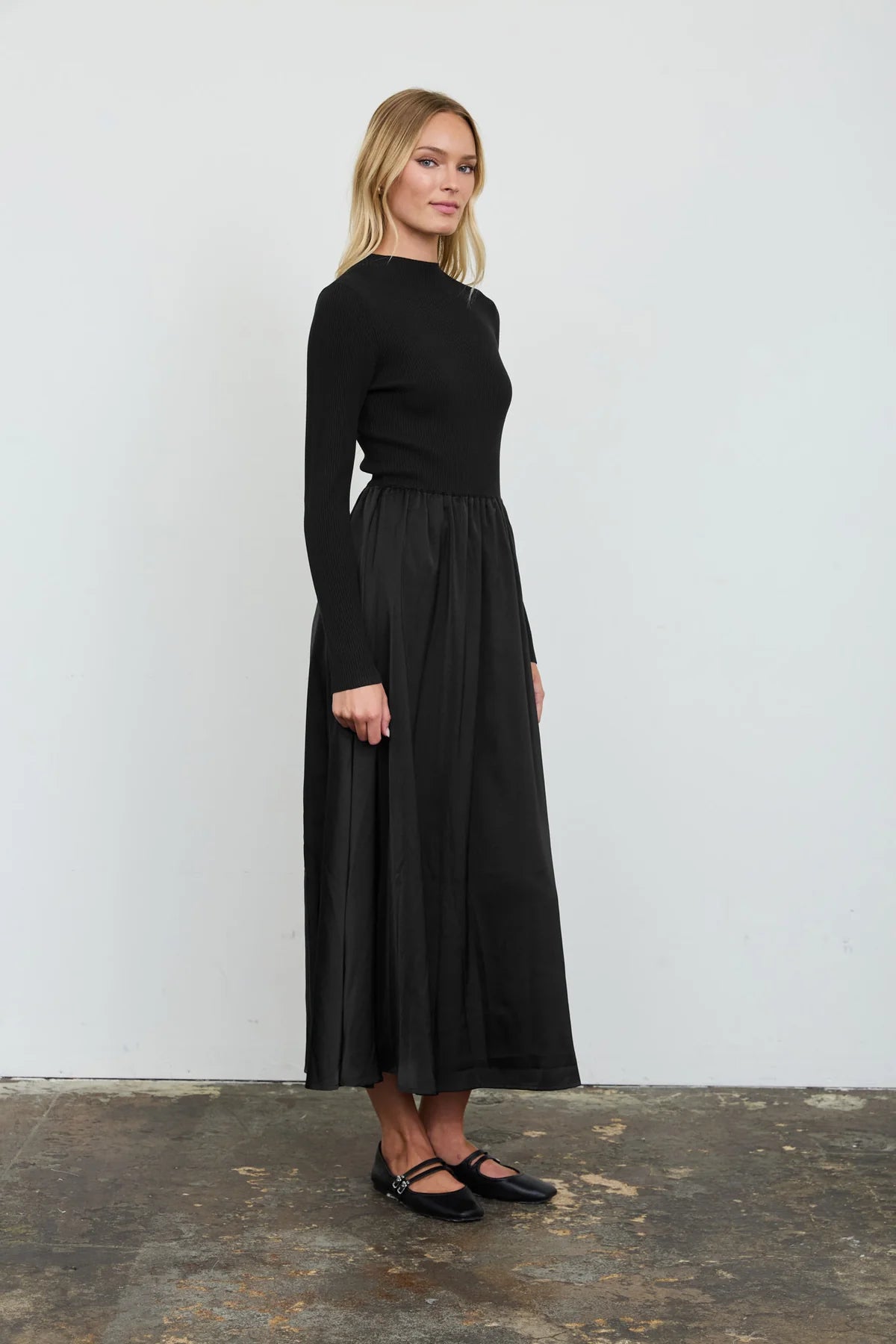 Black Ribbed Knit and Satin Maxi Dress