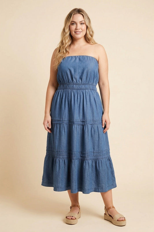 Pleated Chambray Tube Top Dress Plus