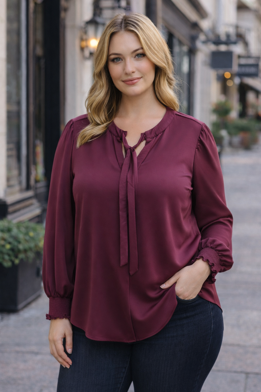 Plus Necktie LS Smocked Cuff Top
