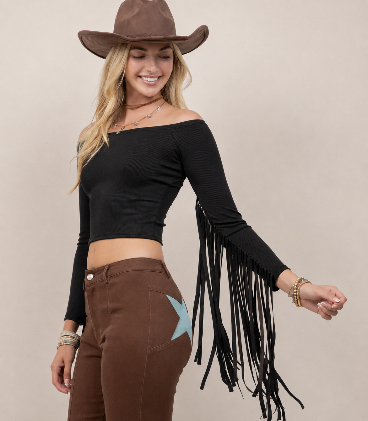 Forest Green/Black Fringe Sleeve Off The Shoulder Top