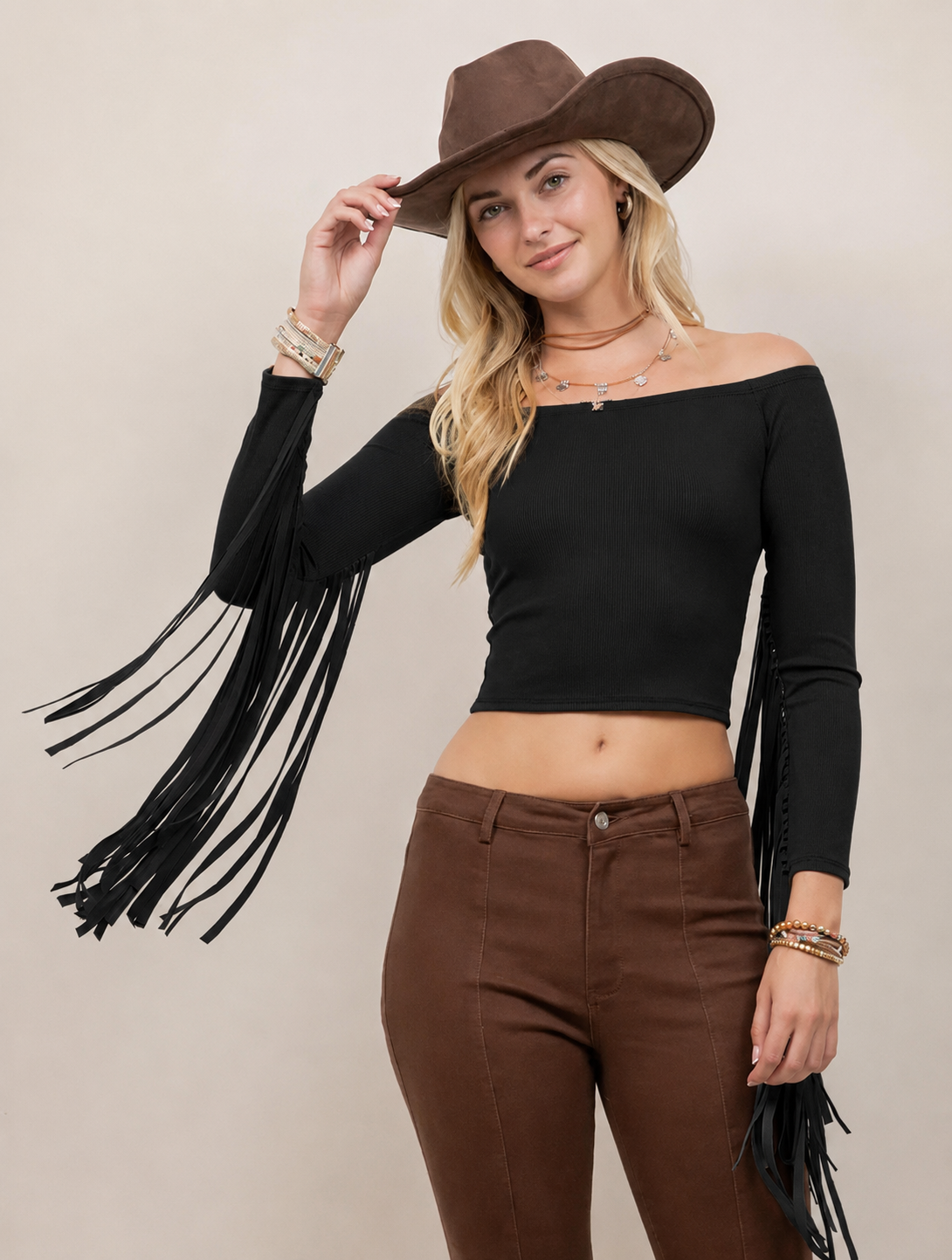 Forest Green/Black Fringe Sleeve Off The Shoulder Top