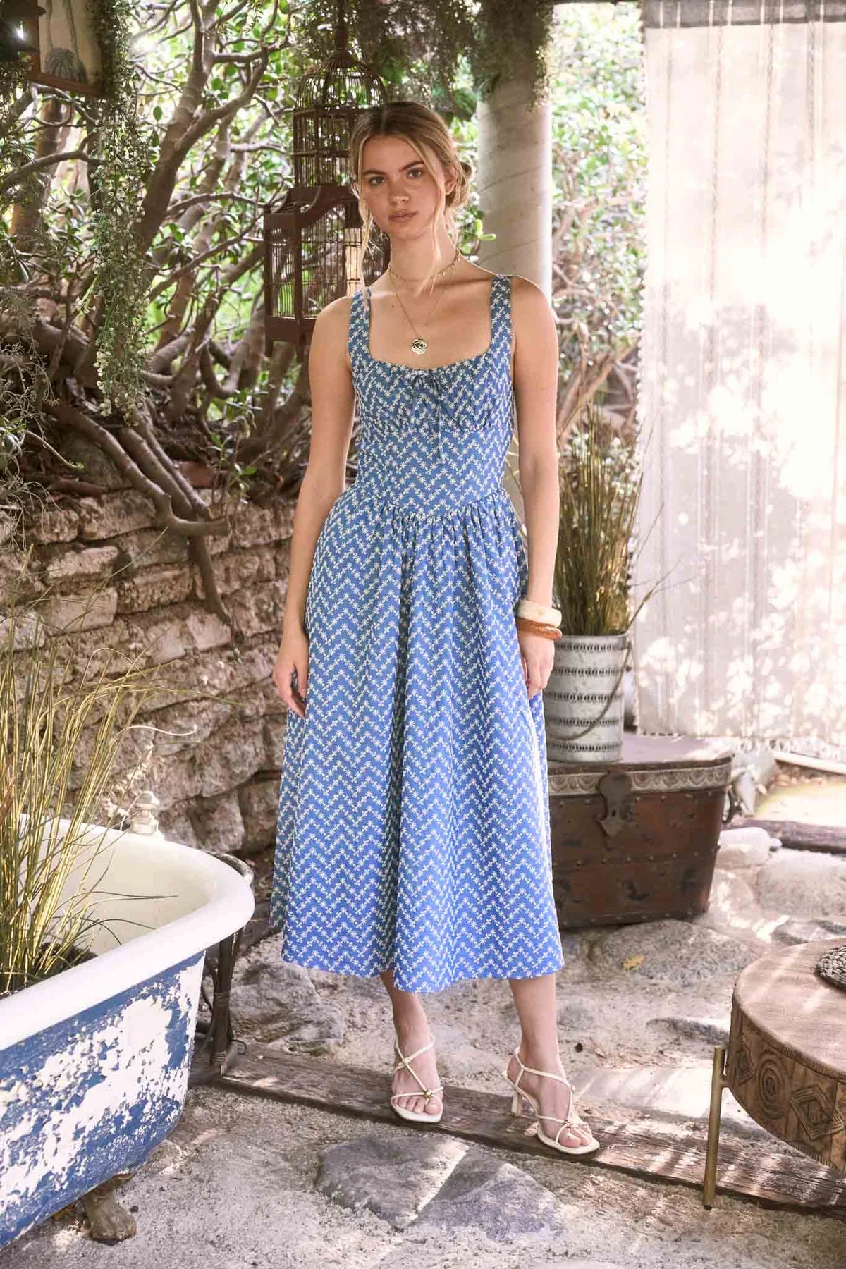 Embroidered Floral Corset Detail Denim Midi Dress