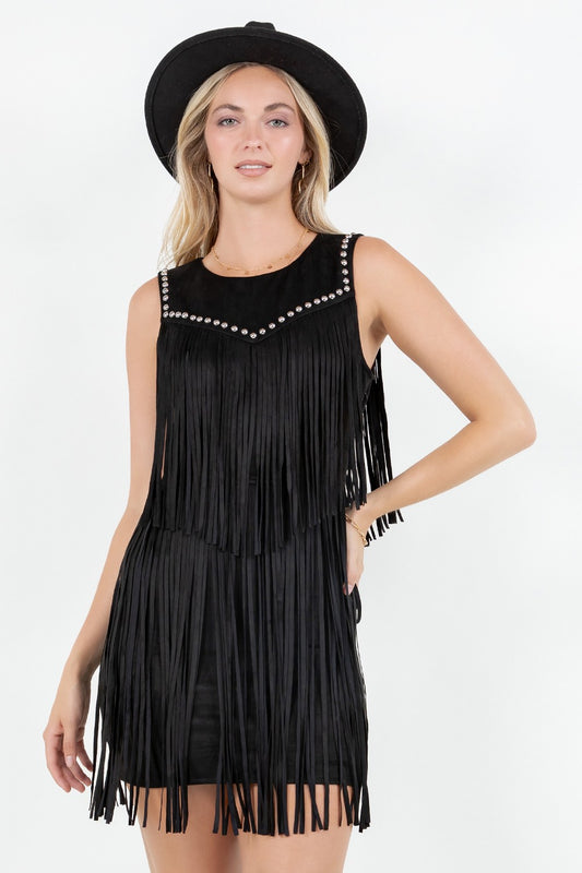 Black Stud Detail Fringed Dress
