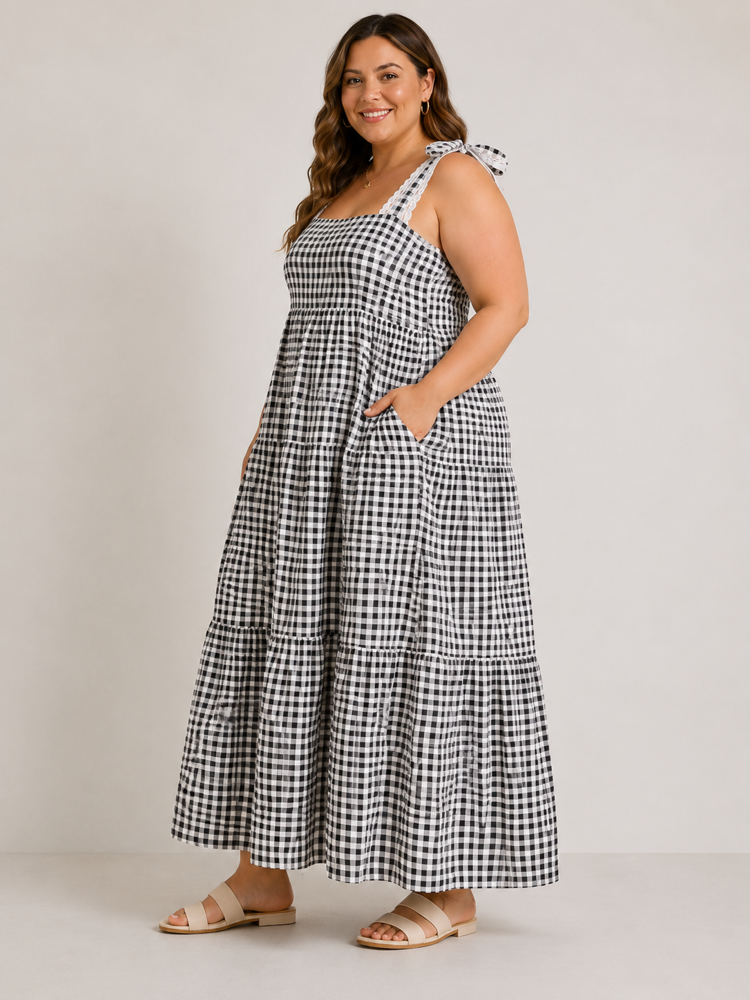 Black Gingham Lace-Trim Maxi Dress Plus