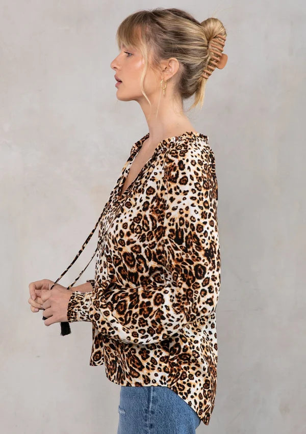 Leopard Print Tie-Neck Blouse