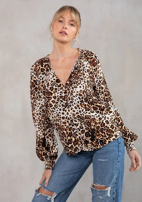 Leopard Print Tie-Neck Blouse