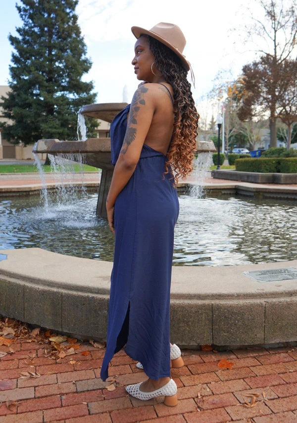 Navy Wrap Backless Maxi Dress