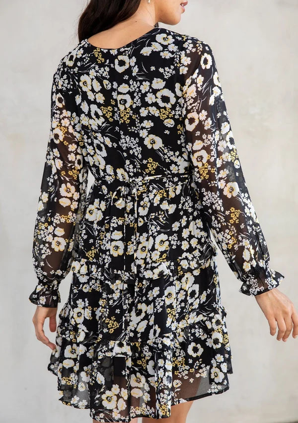 Long Sleeve V-Neck Tiered Mini Dress Black/Yellow/White