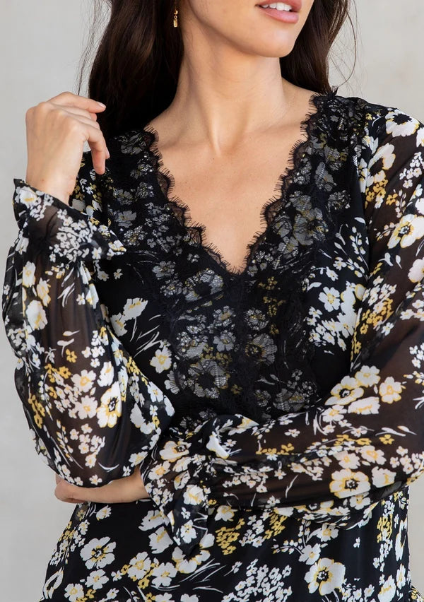 Long Sleeve V-Neck Tiered Mini Dress Black/Yellow/White