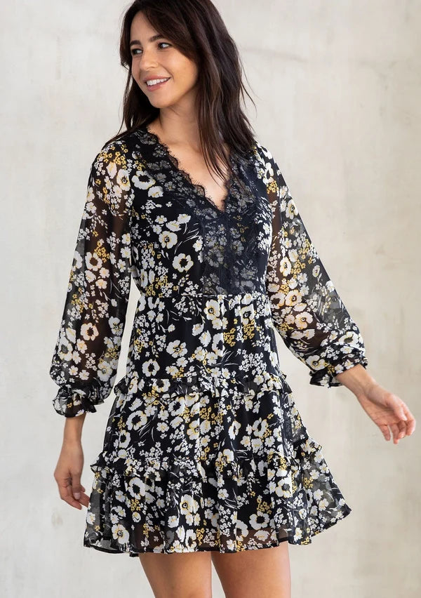 Long Sleeve V-Neck Tiered Mini Dress Black/Yellow/White