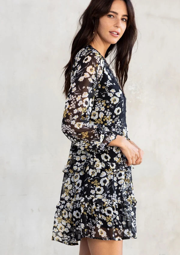 Long Sleeve V-Neck Tiered Mini Dress Black/Yellow/White