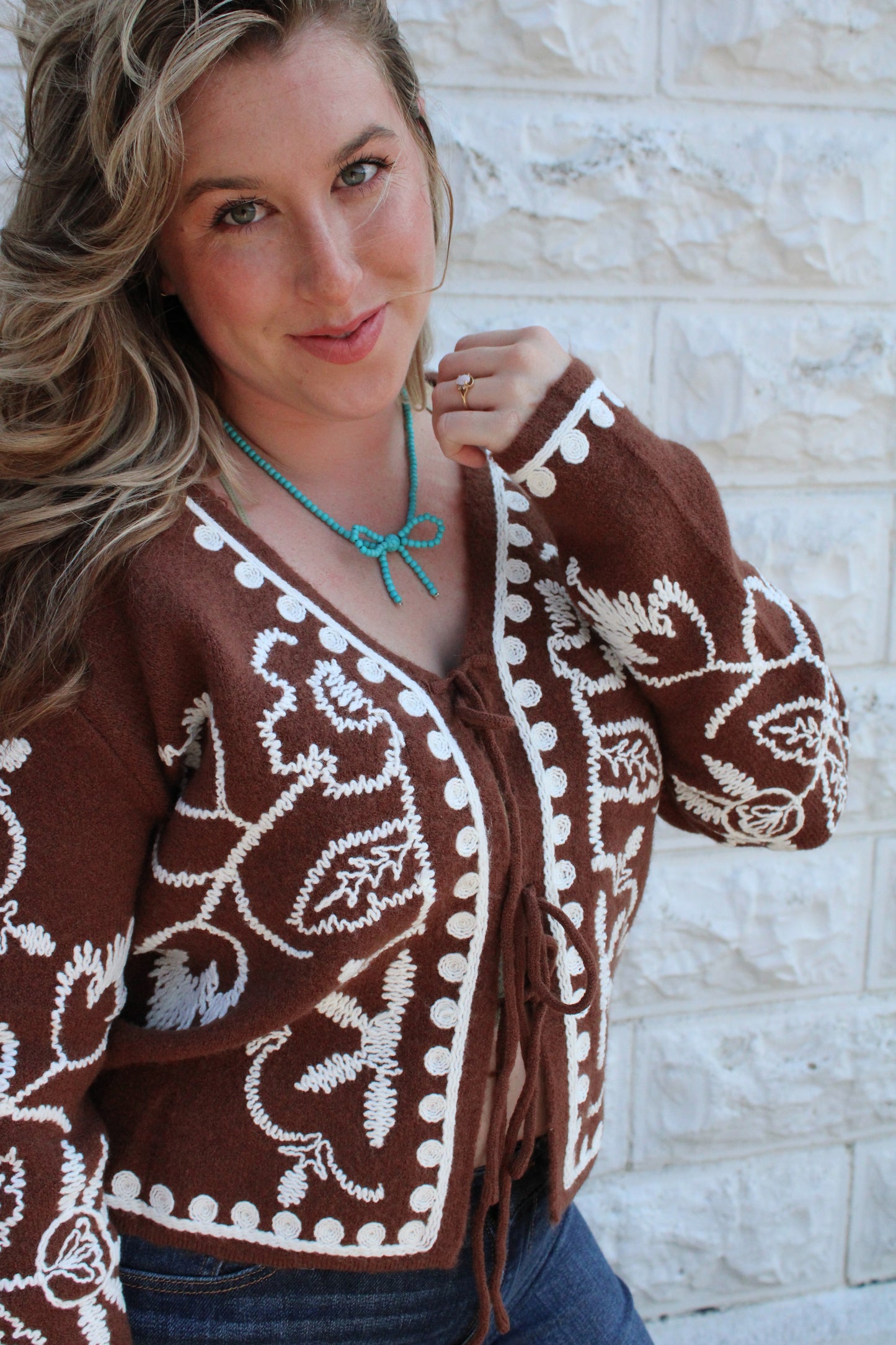 Embroidered Chocolate Sweater Bow Detail