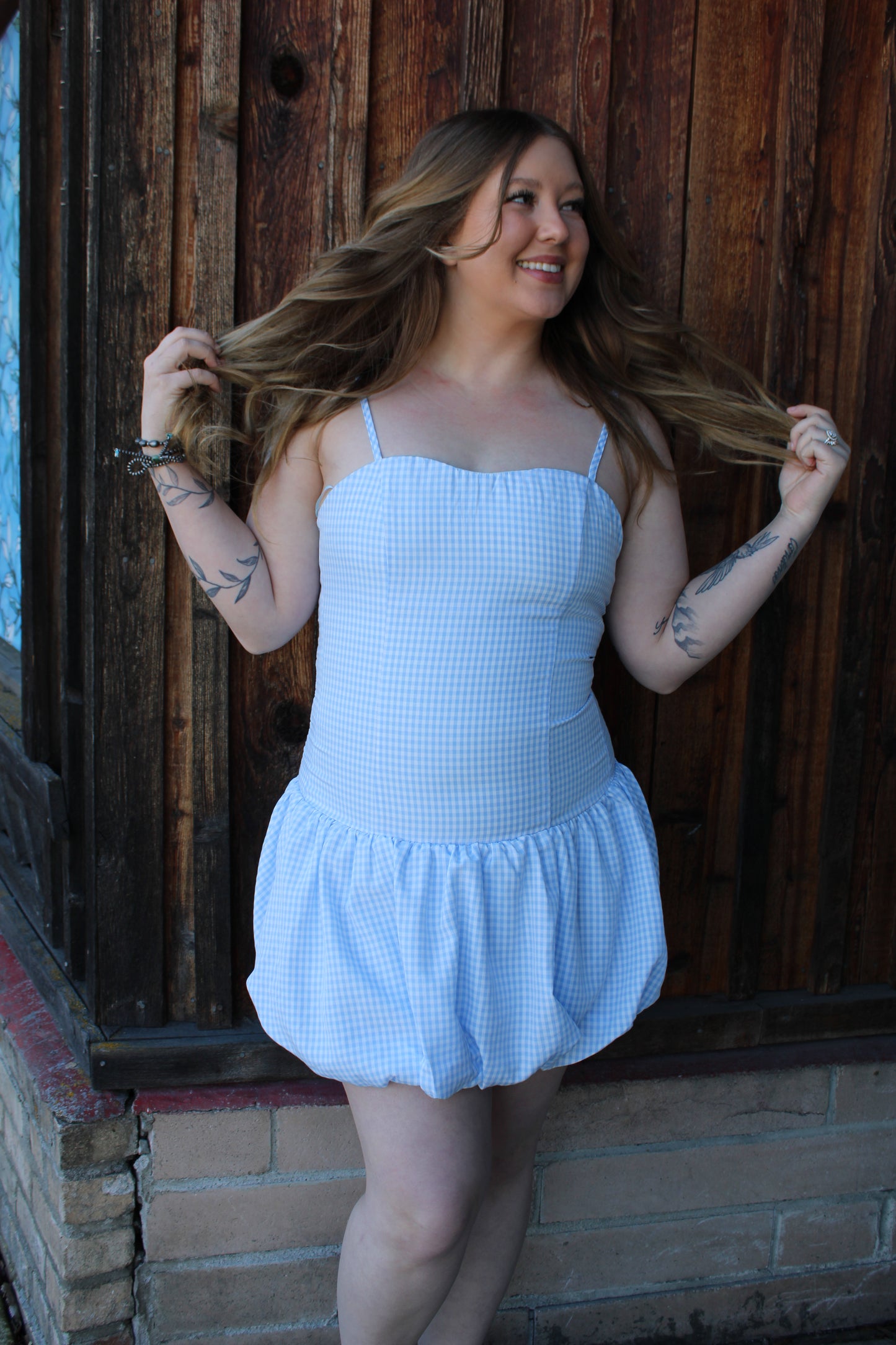 Gingham Bubble blue Mini Dress