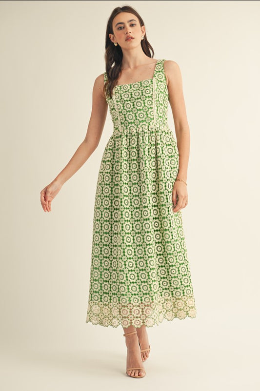 Crochet Green Lace Sqaure Neck Midi Dress