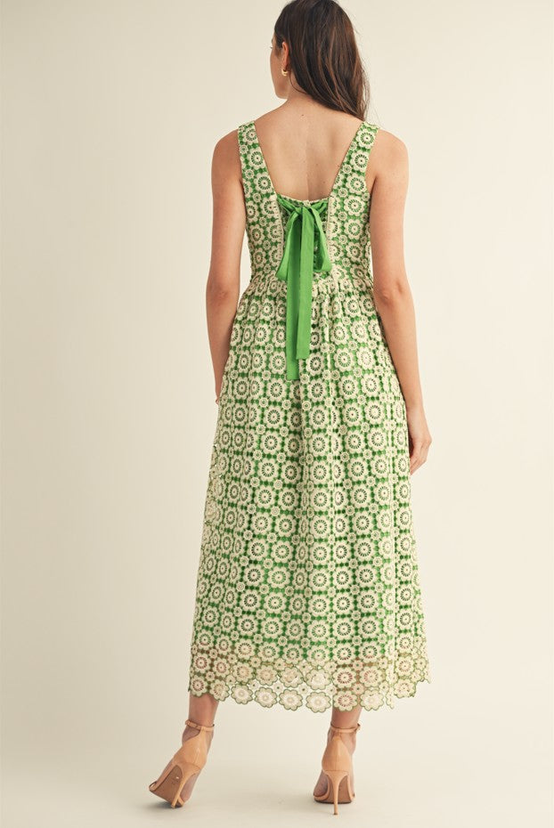Crochet Green Lace Sqaure Neck Midi Dress