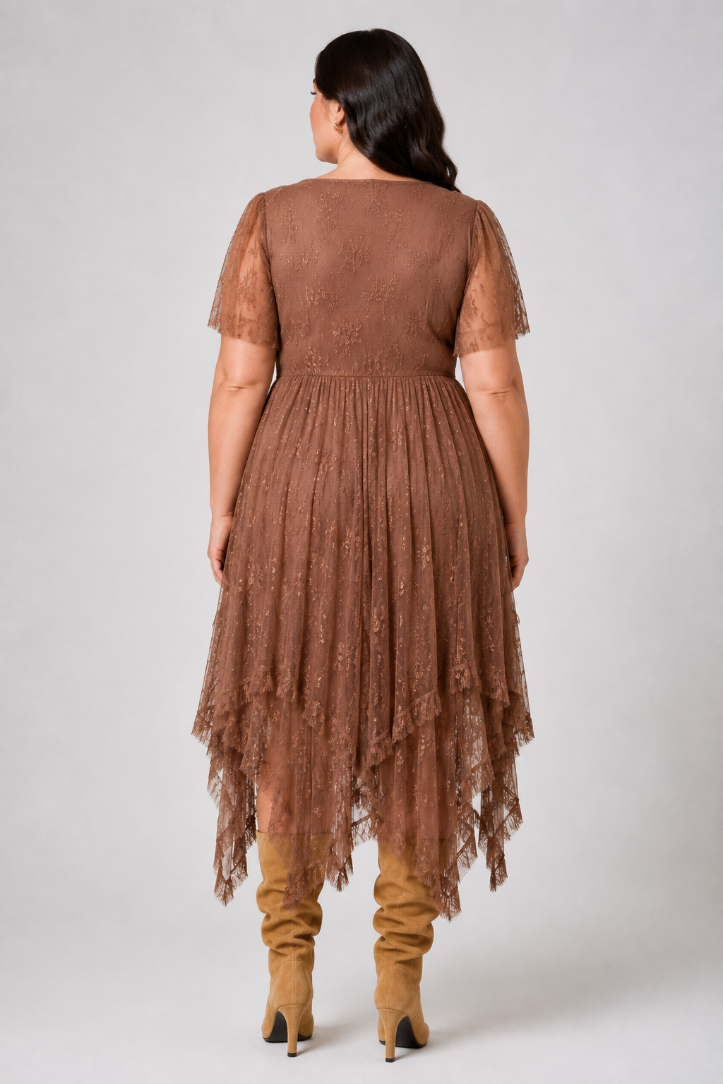 Mocha Lace Handkerchief Midi Dress Plus