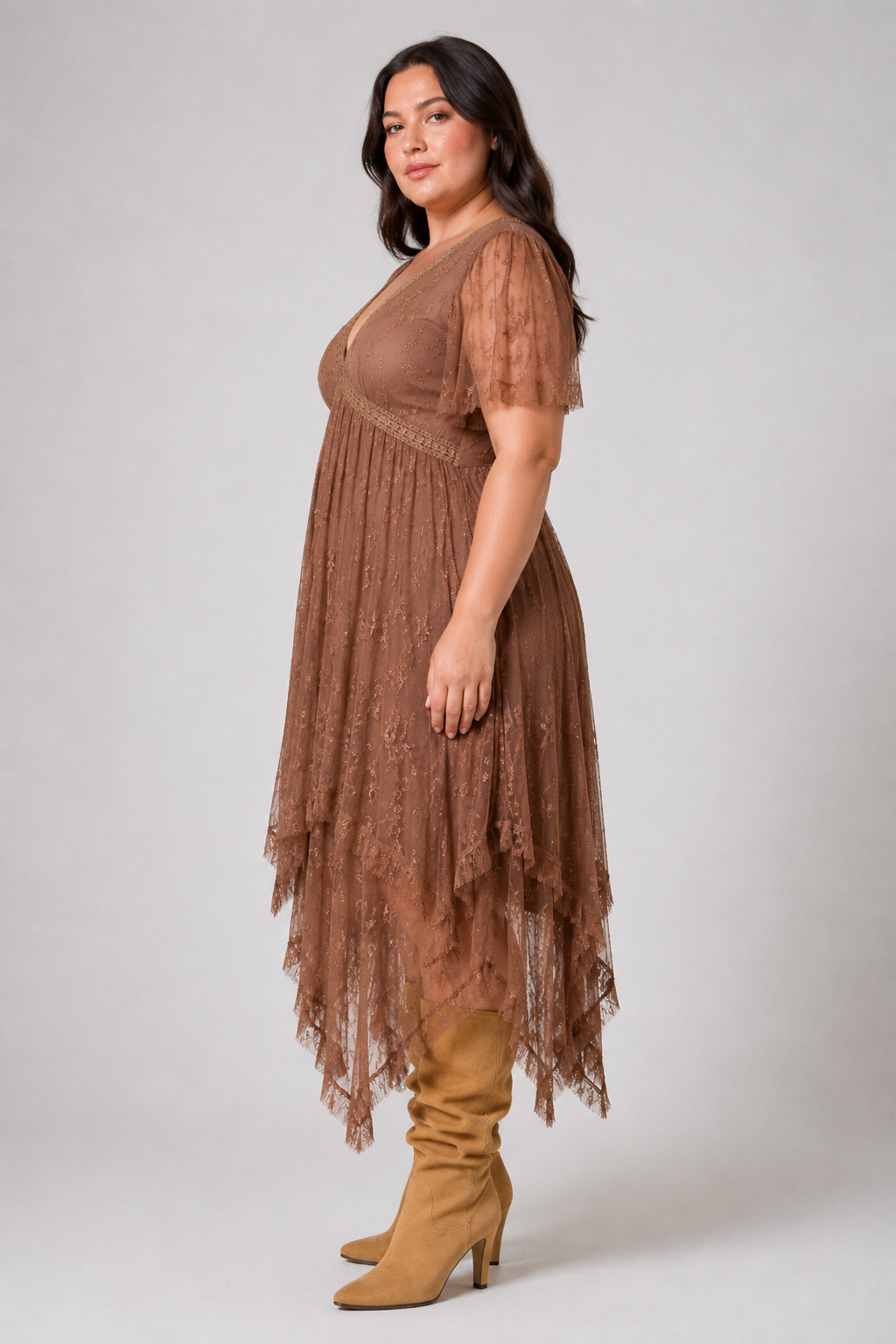 Mocha Lace Handkerchief Midi Dress Plus