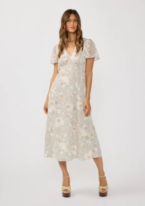 Short Flutter Sleeve V-Neck Midi Dress