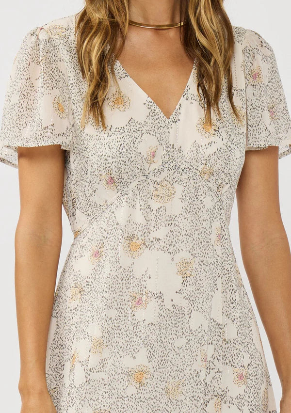 Short Flutter Sleeve V-Neck Midi Dress