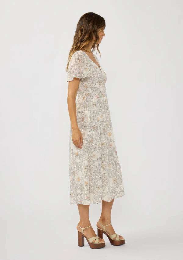 Short Flutter Sleeve V-Neck Midi Dress