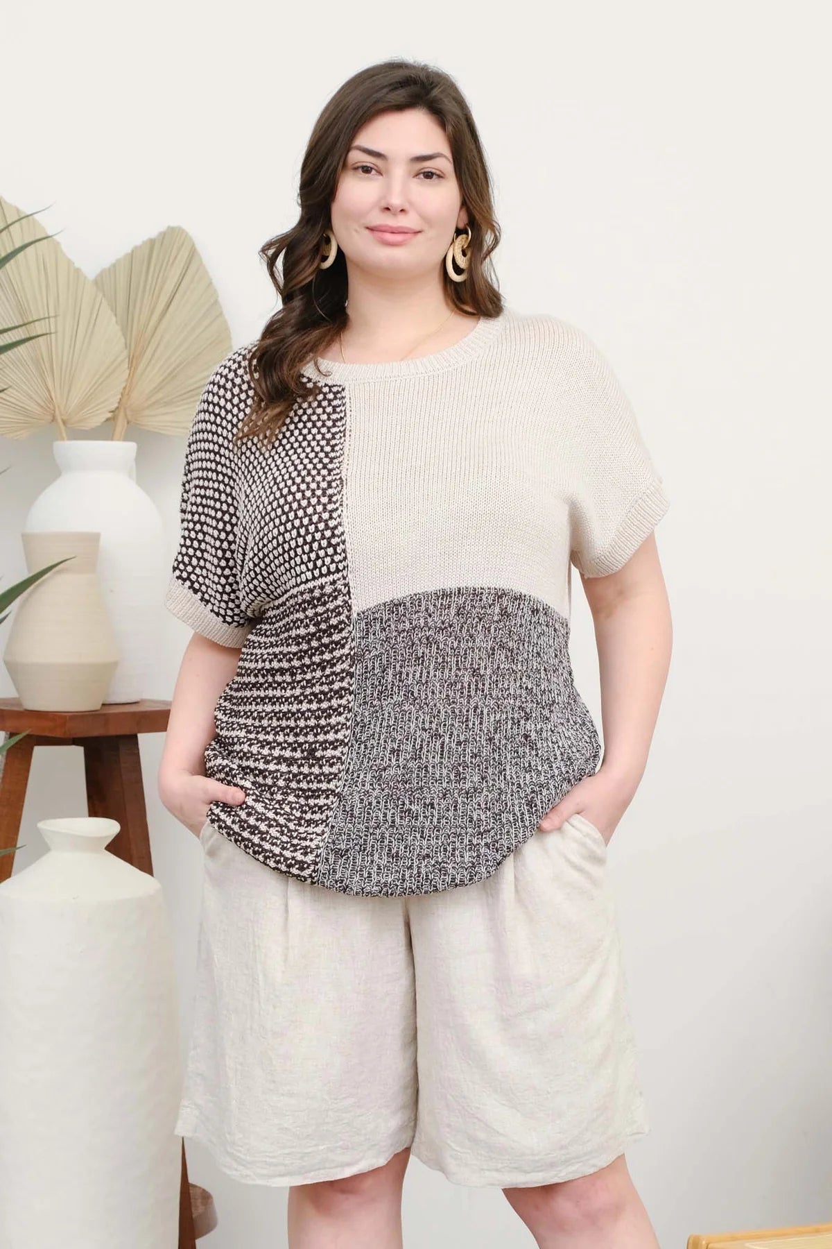 Plus Size Color Block Short-Sleeve Sweater