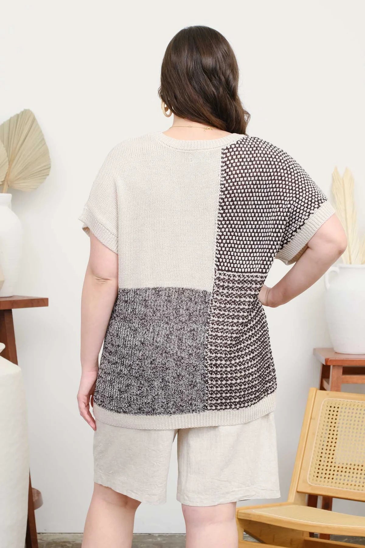 Plus Size Color Block Short-Sleeve Sweater