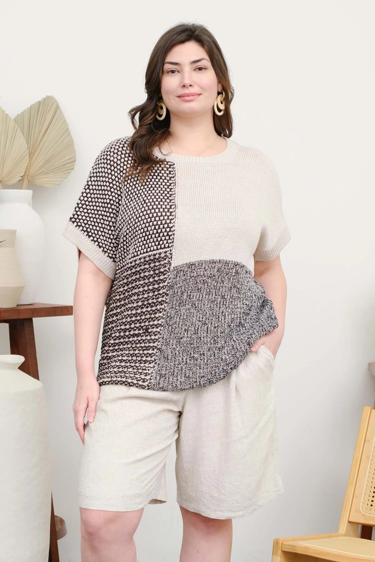 Plus Size Color Block Short-Sleeve Sweater