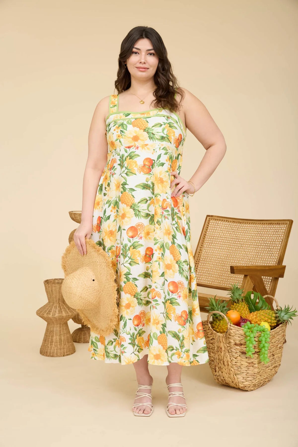 Floral & Fruit Pattern Sleeveless Midi Dress Plus