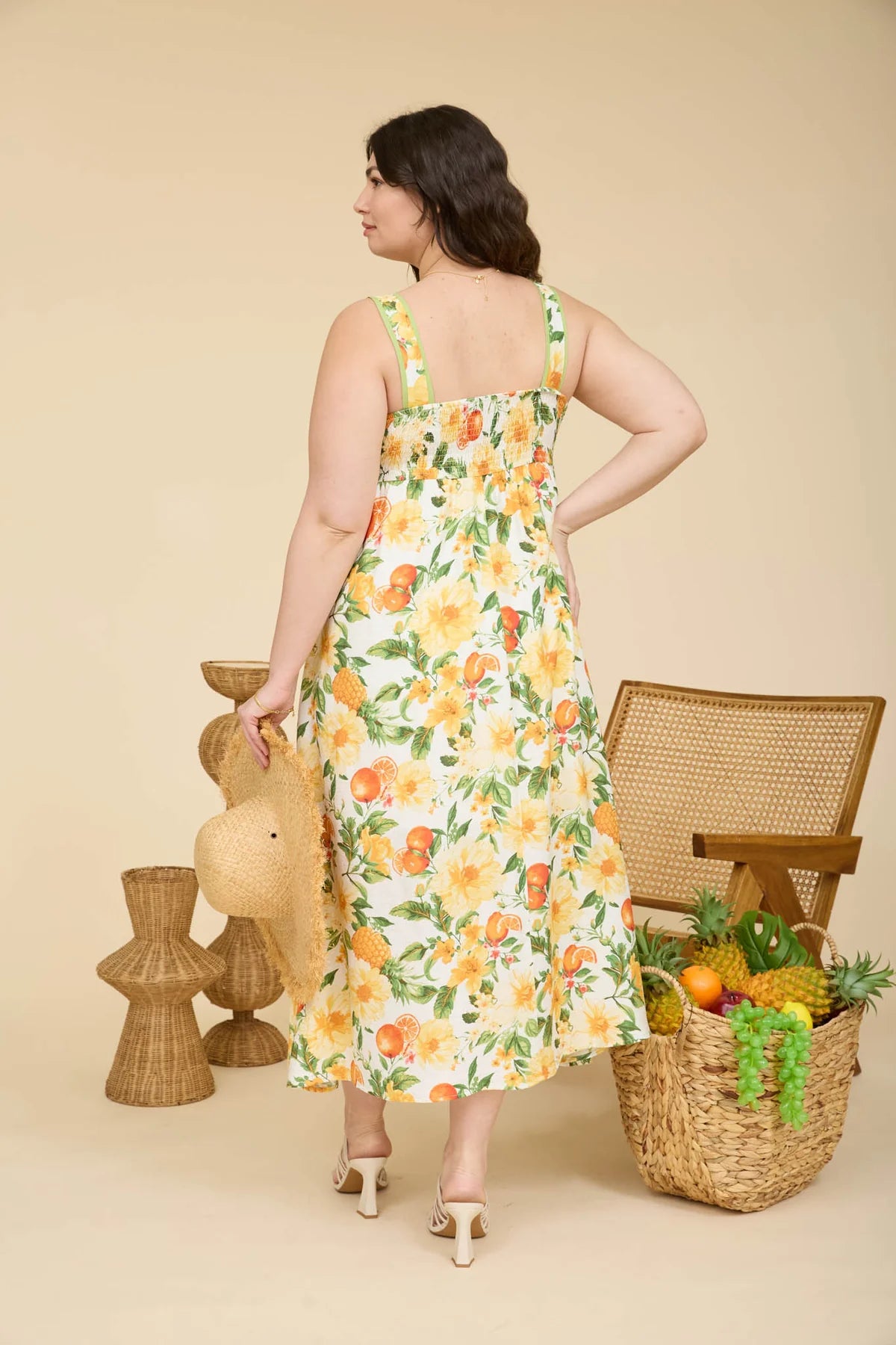 Floral & Fruit Pattern Sleeveless Midi Dress Plus