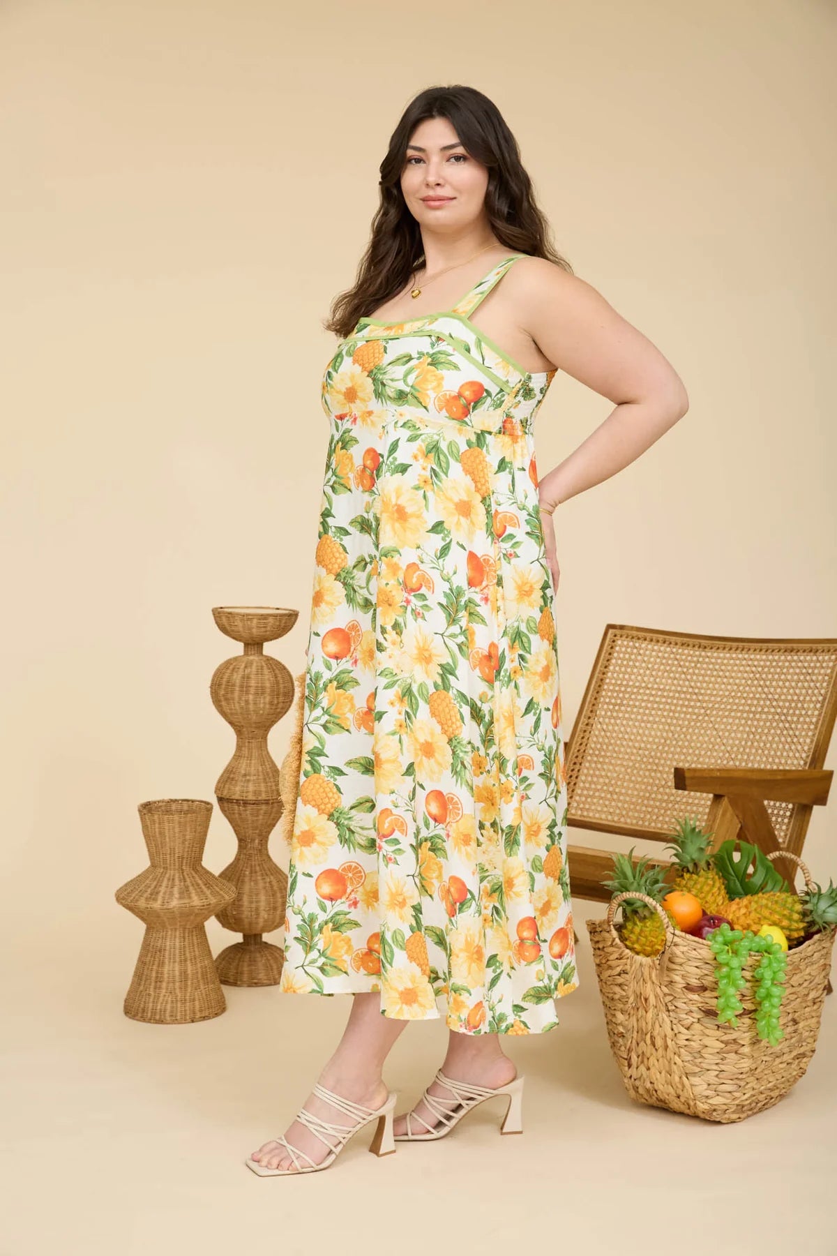 Floral & Fruit Pattern Sleeveless Midi Dress Plus