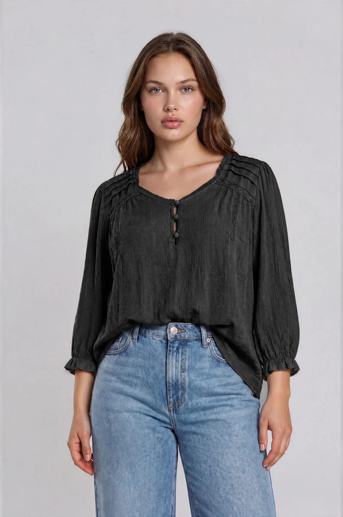 Plus Size Black Crochet V-Neck 3/4 Sleeve Henley Top