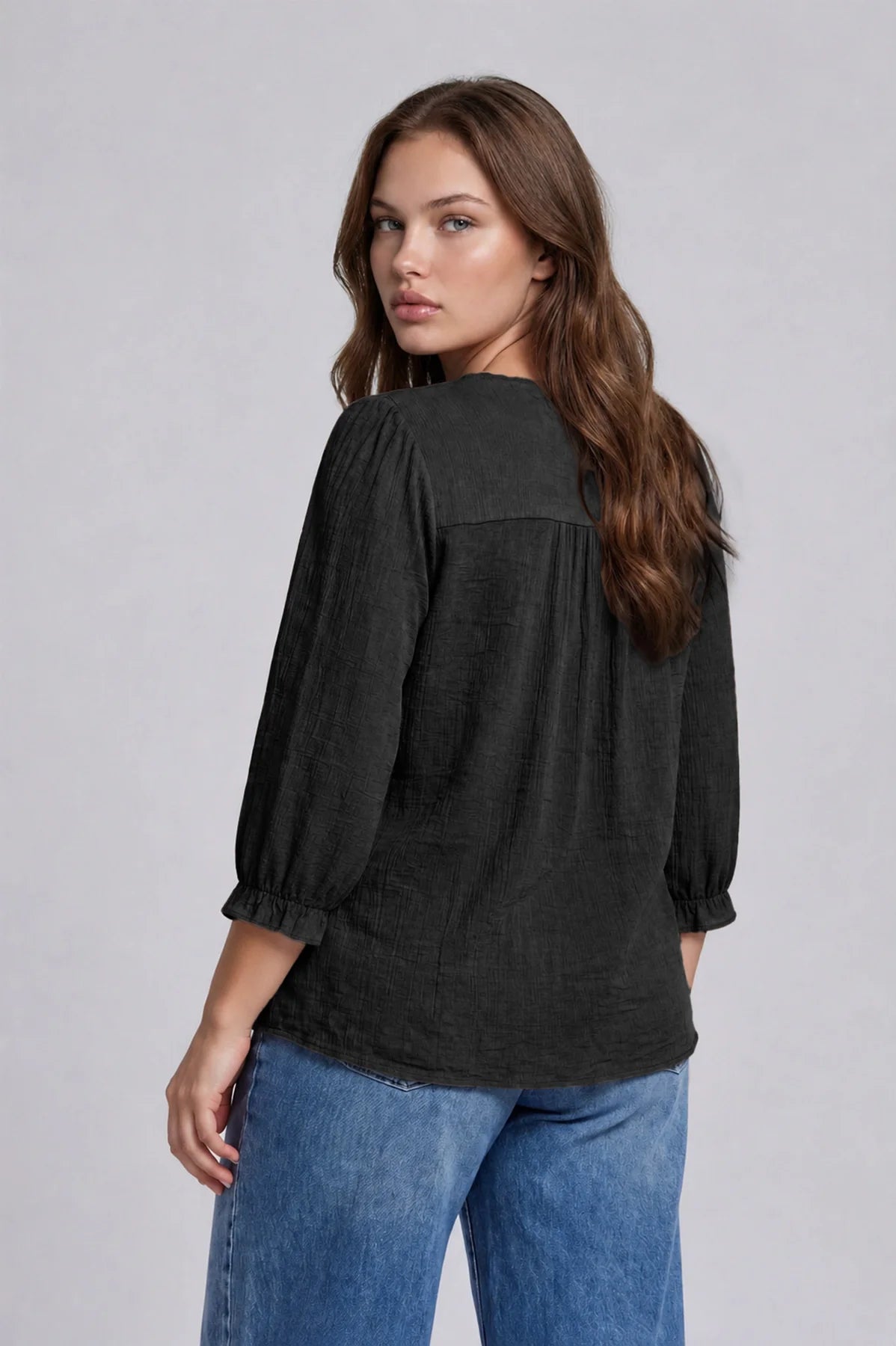 Plus Size Black Crochet V-Neck 3/4 Sleeve Henley Top