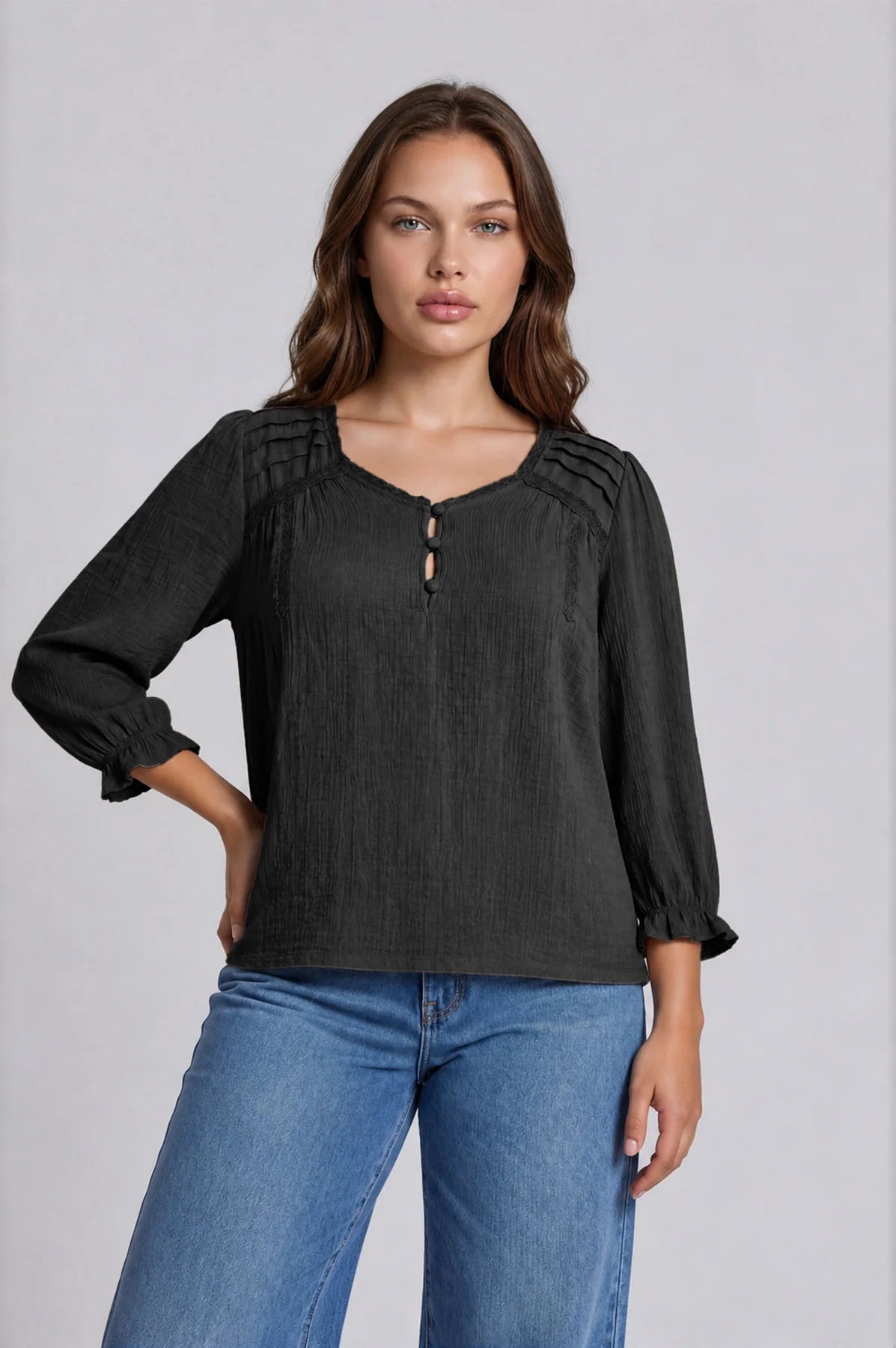 Plus Size Black Crochet V-Neck 3/4 Sleeve Henley Top
