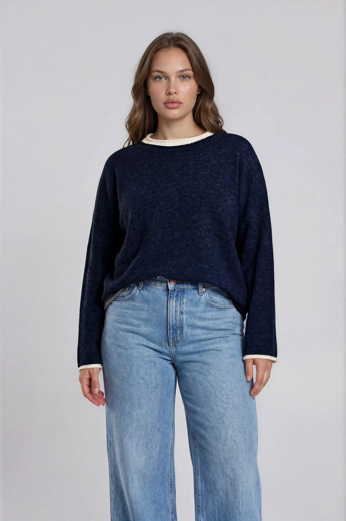 Navy Contrast-Trim Lightweight Knit Sweater Plus
