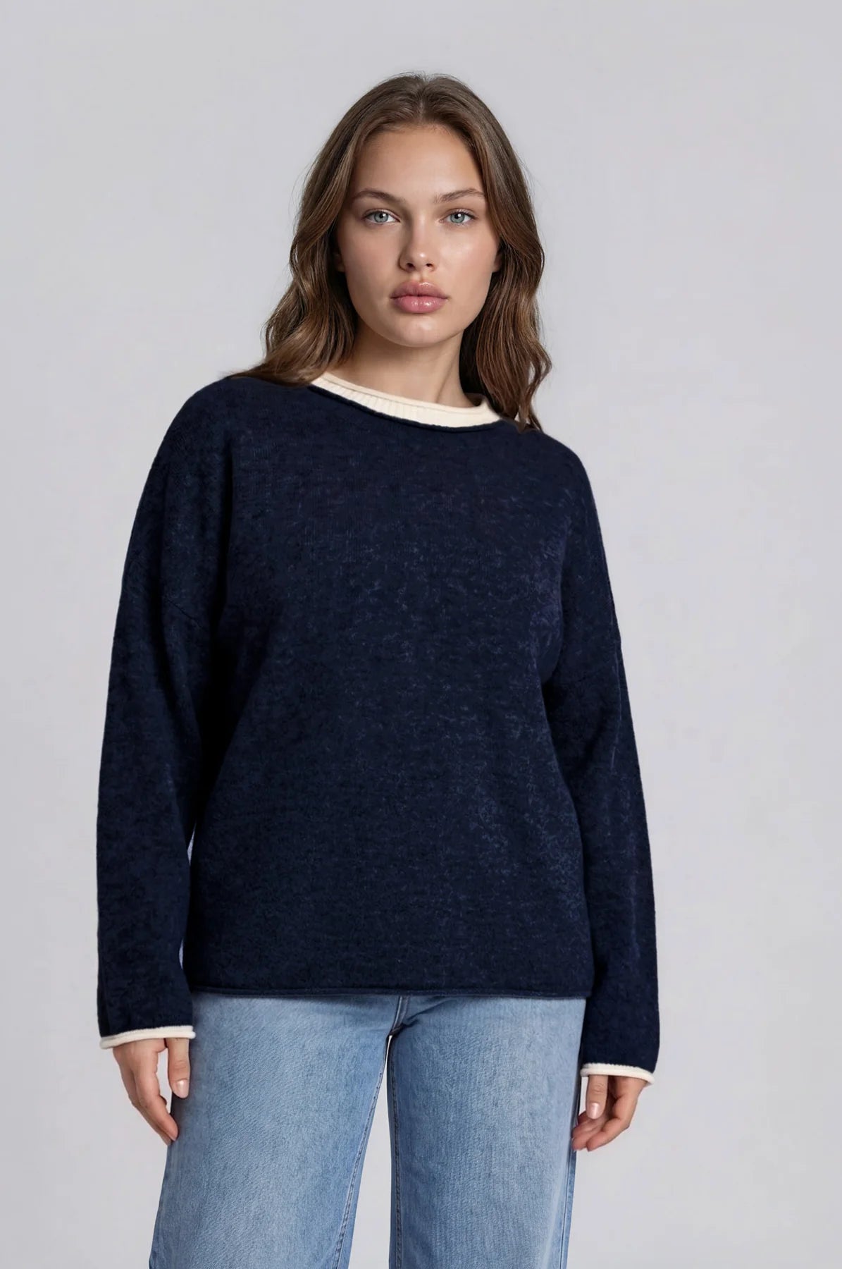 Navy Contrast-Trim Lightweight Knit Sweater Plus