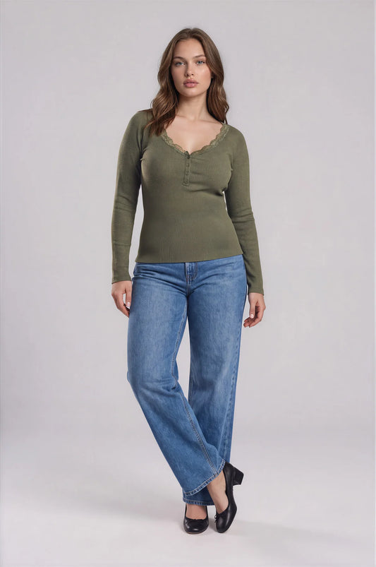 Olive Ribbed Lace-Trim Henley Top