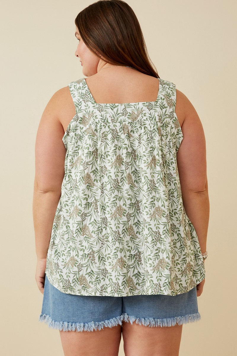 Botanical Print Square Neck Handkerchief Tank Plus