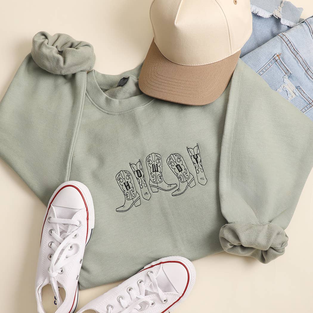 Sage Green Howdy Cowboy Boots Embroidered Western Sweatshirt