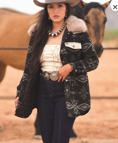 Black Aztec Jacket with detachable Fur