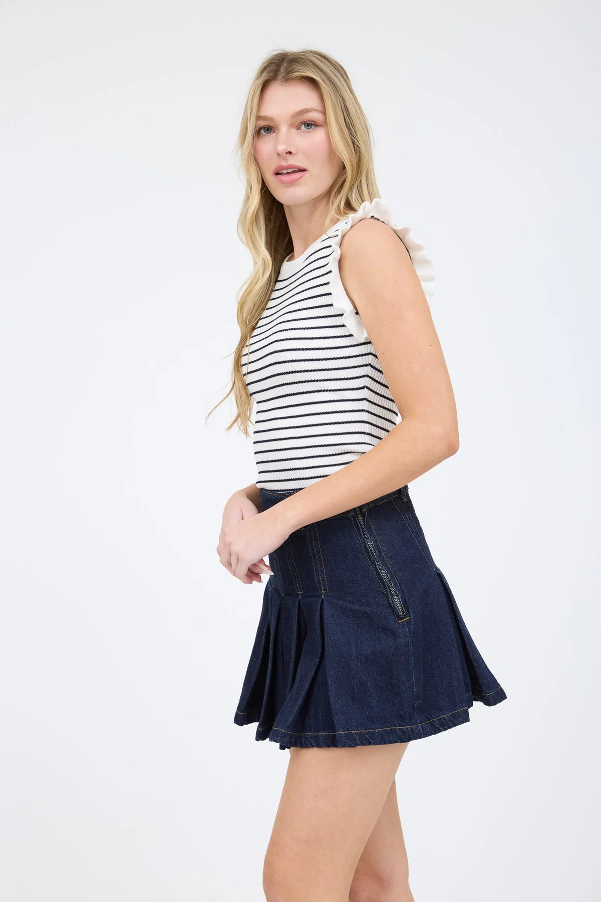 Ivory Striped Ruffle-Sleeve Sweater Top